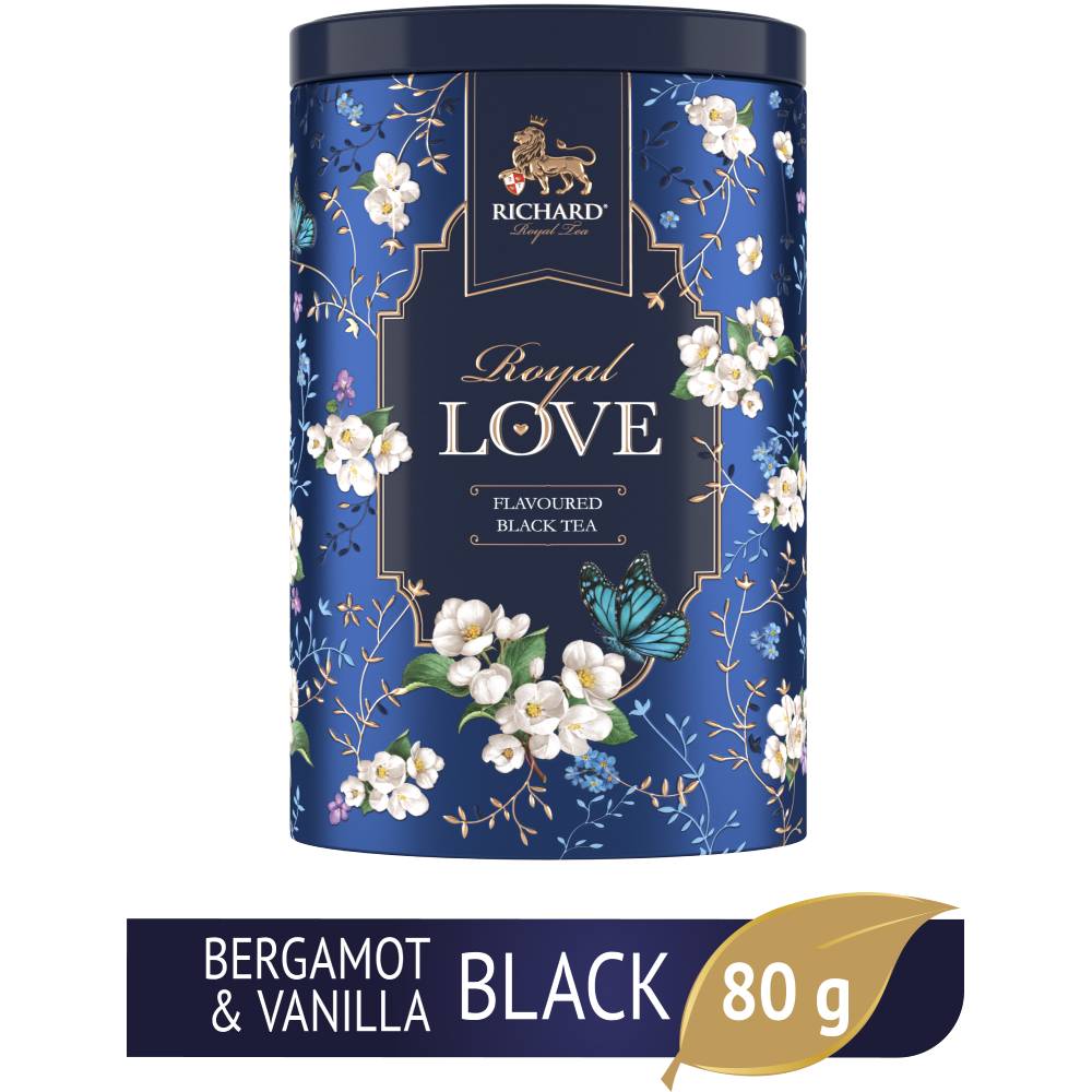 RICHARD ROYAL LOVE - Crni cejlonski čaj sa bergamotom, narandžom i vanilom, 80g rinfuz, BLUE metalna kutija