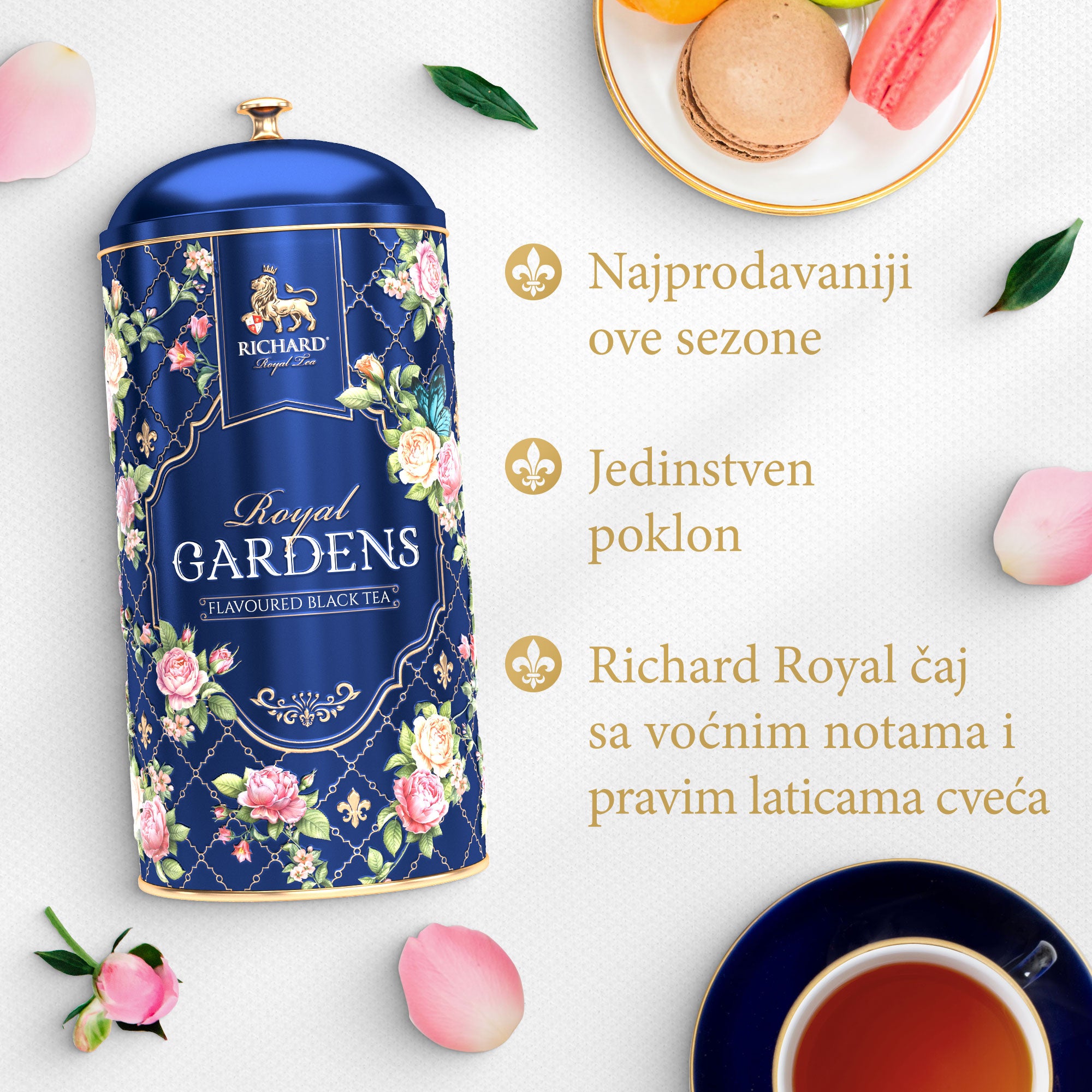 RICHARD Royal Gardens - Crni čaj sa aromom pitaje i laticama cveća, 80g rinfuz, BLUE metalna kutija